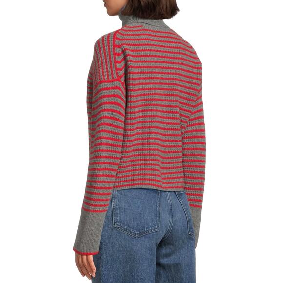 Madewell Wool Waffle Knit Turtleneck Sz S New $118 Grey Red Stripe Crop Sweater - Picture 2 of 8